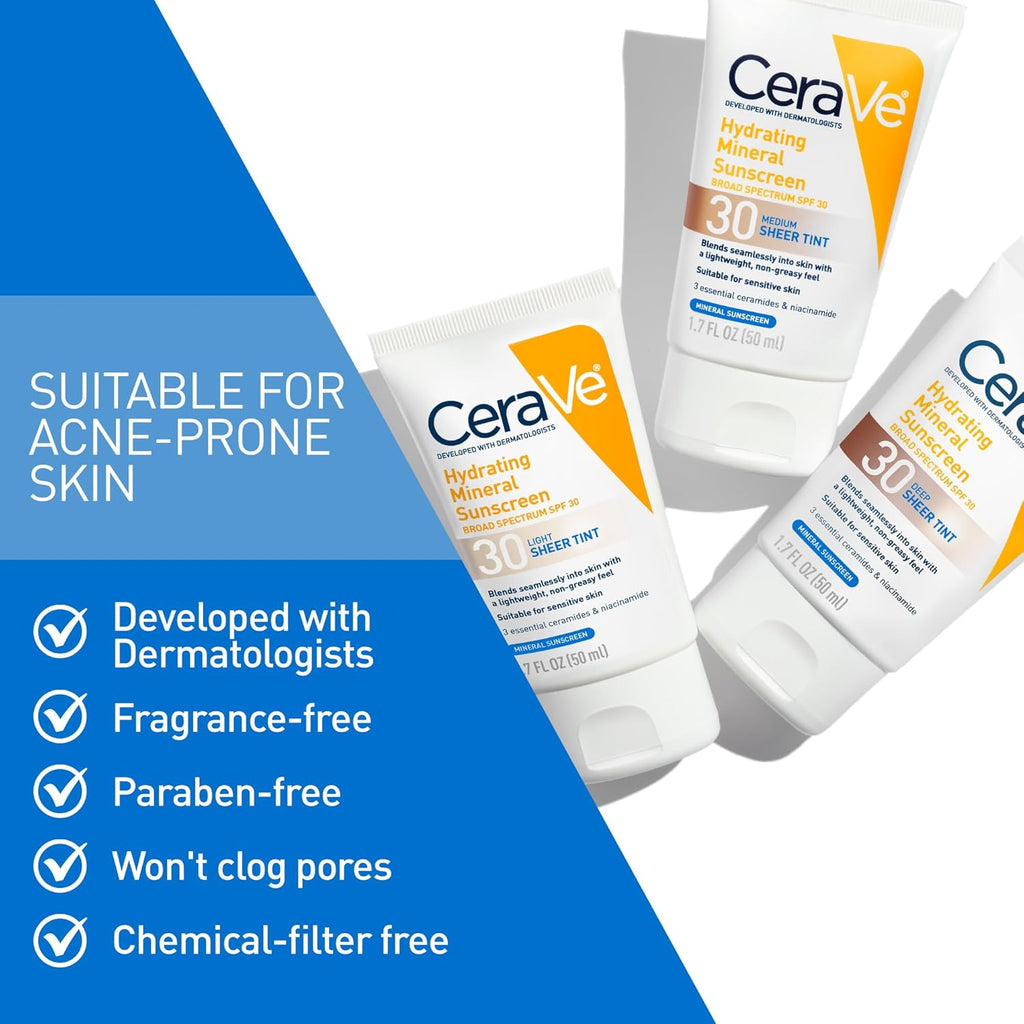 CeraVe Hydrating Mineral Sunscreen SPF30 with Sheer Tint, Tinted, Blends Seamlessly for Healthy Glow