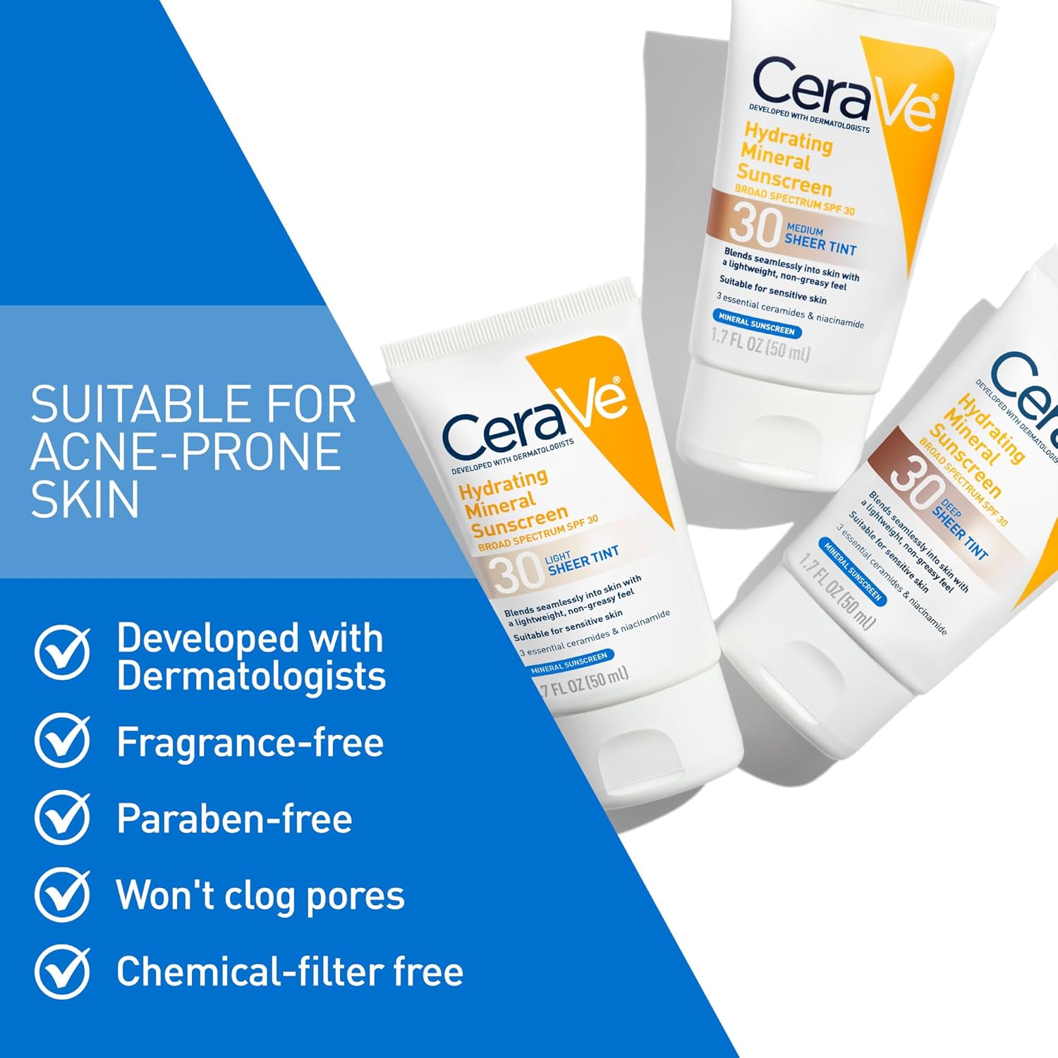 CeraVe Hydrating Mineral Sunscreen SPF30 with Sheer Tint, Tinted, Blends Seamlessly for Healthy Glow