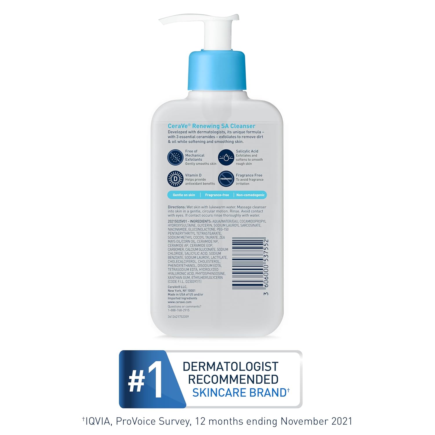 CeraVe Renewing Salicylic Acid Cleanser, Hyaluronic Acid, Niacinamide & Ceramides, BHA Exfoliating