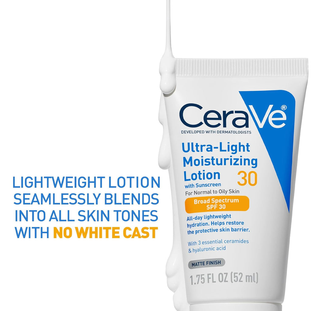 CeraVe Ultra-Light Moisturizing Lotion With SPF30, Daily for Face, Hyaluronic Acid &Ceramides, Matte