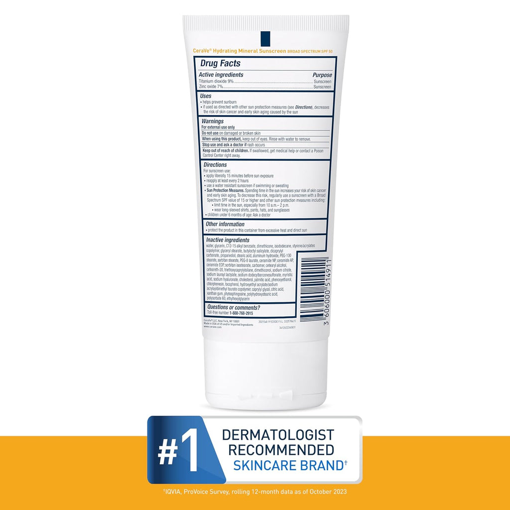 CeraVe 100% Mineral Sunscreen SPF 50 with Zinc Oxide & Titanium Dioxide, Hyaluronic Acid & Ceramides