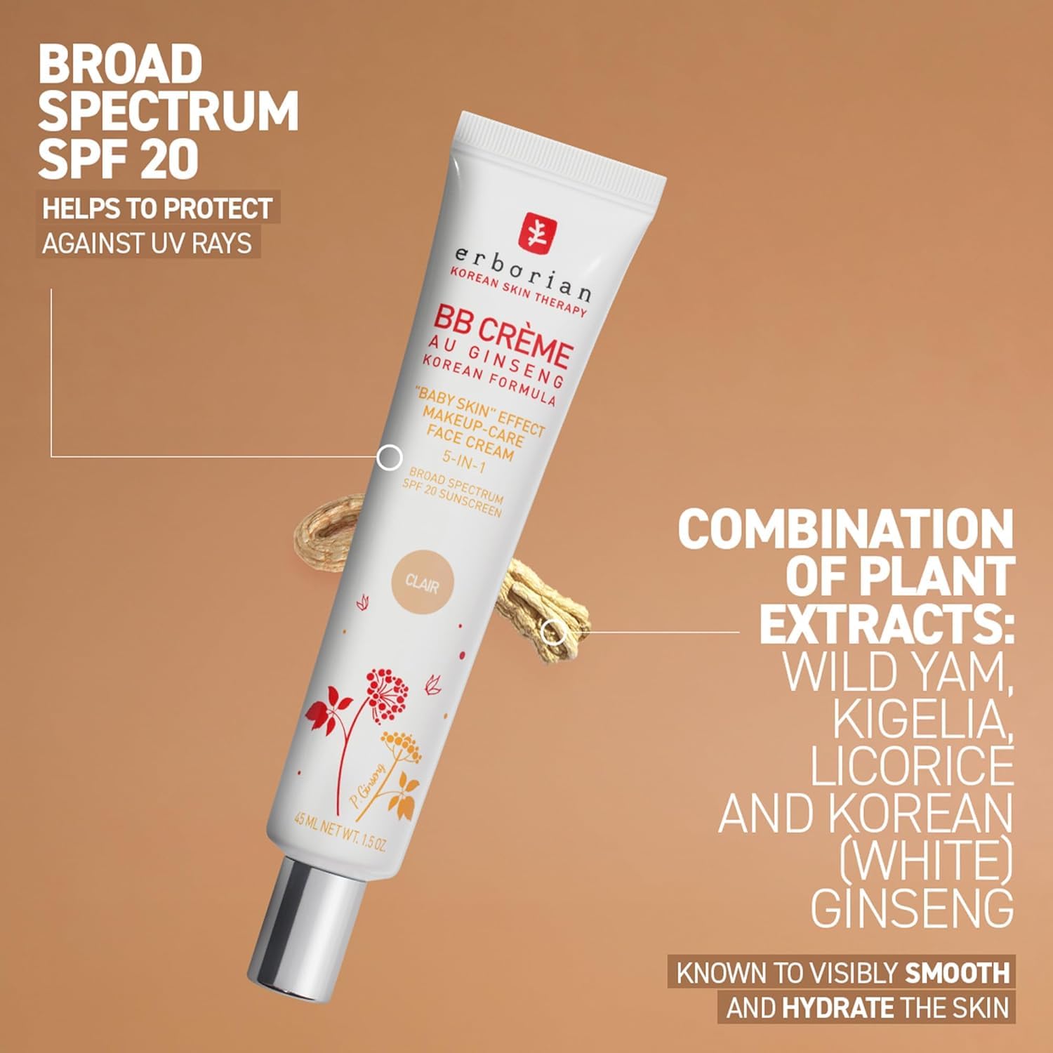 Erborian BB Cream with Ginseng - Lightweight Buildable Coverage with SPF 20, Ultra-Soft Matte Finish