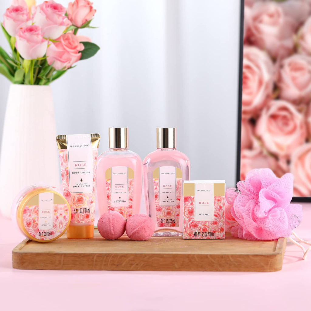 spa luxetique Gift Bath Set For Women, 8 Pcs Rose Spa Basket | Bubble Bath, Shower Gel, Body Lotion