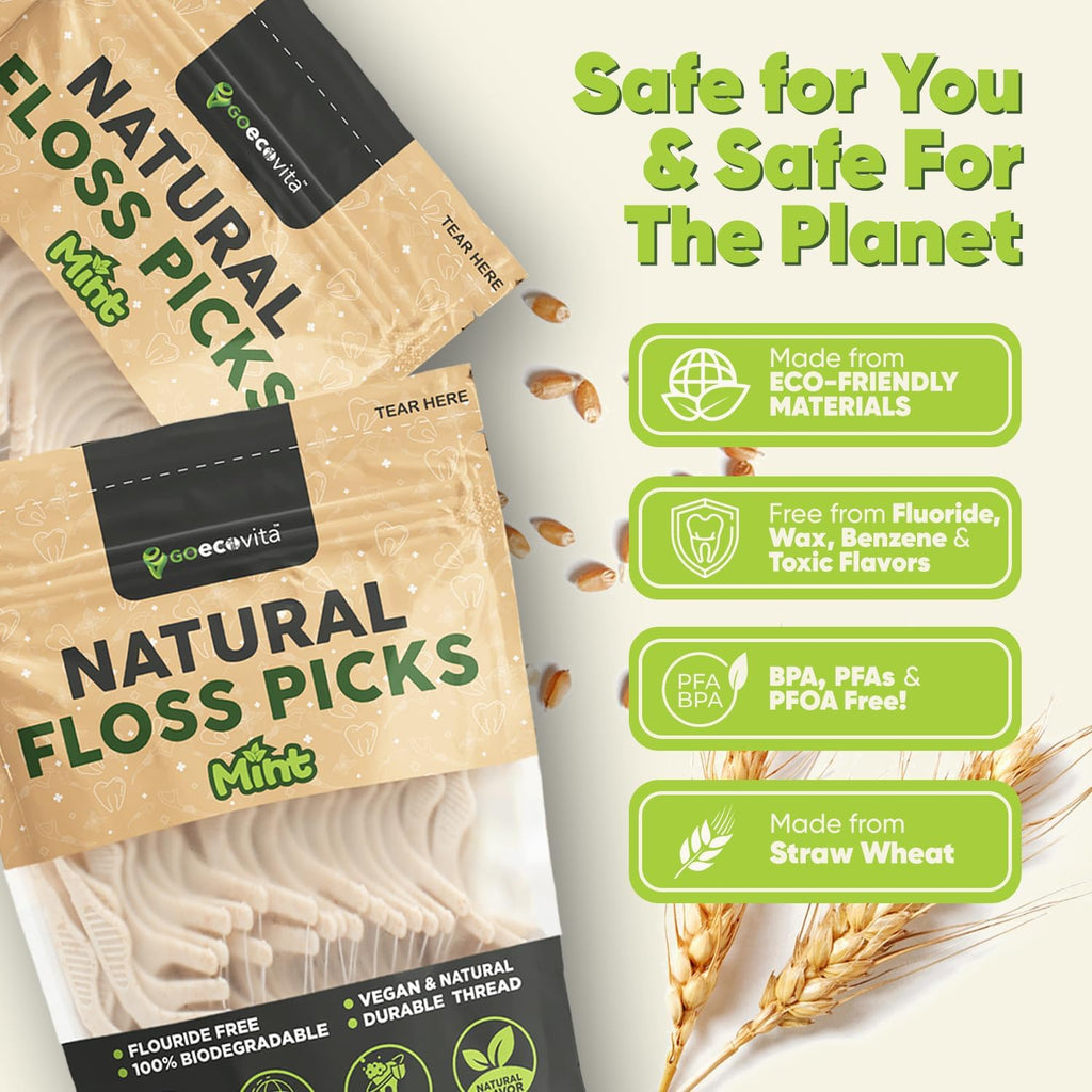 Biodegradable Floss Picks -Natural Straw Wheat Handle | Thin &Durable Thread for Tight Gaps | Gentle