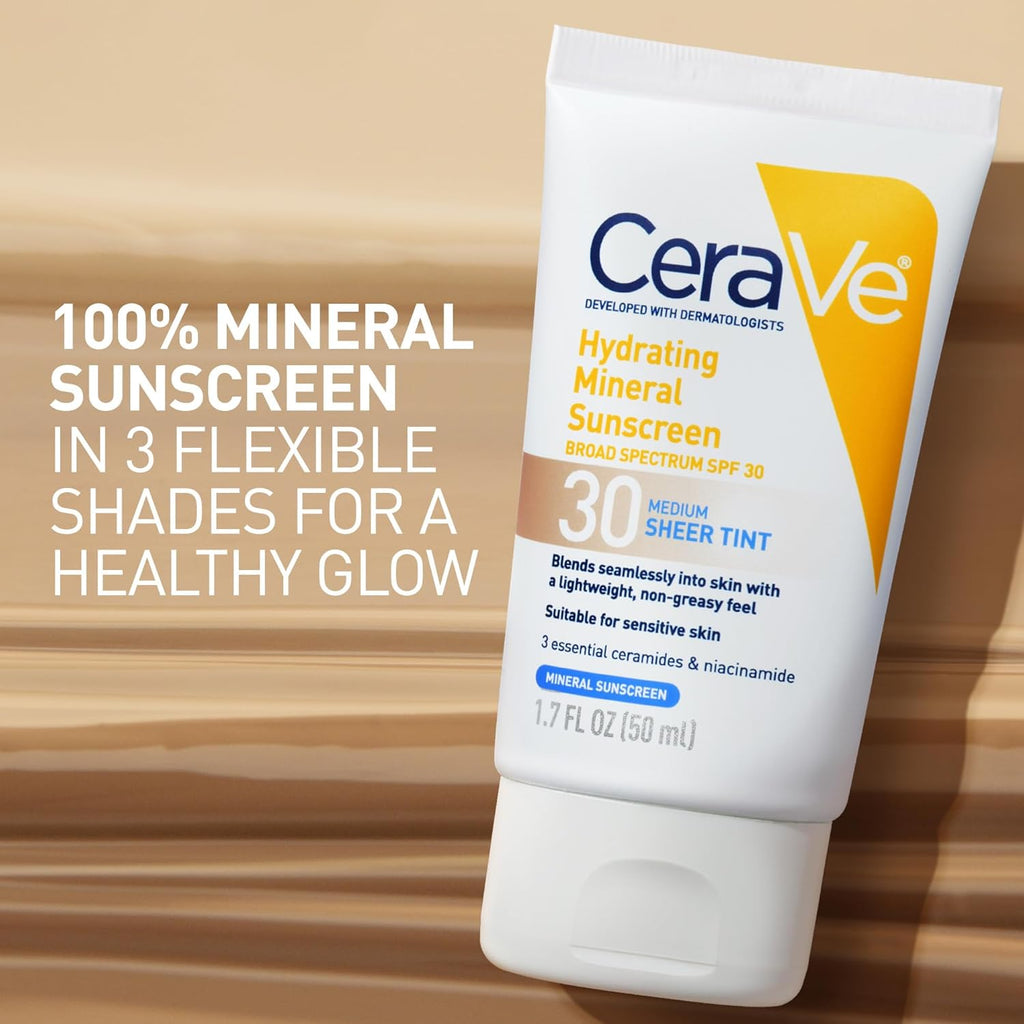 CeraVe Hydrating Mineral Sunscreen SPF30 with Sheer Tint, Tinted, Blends Seamlessly for Healthy Glow