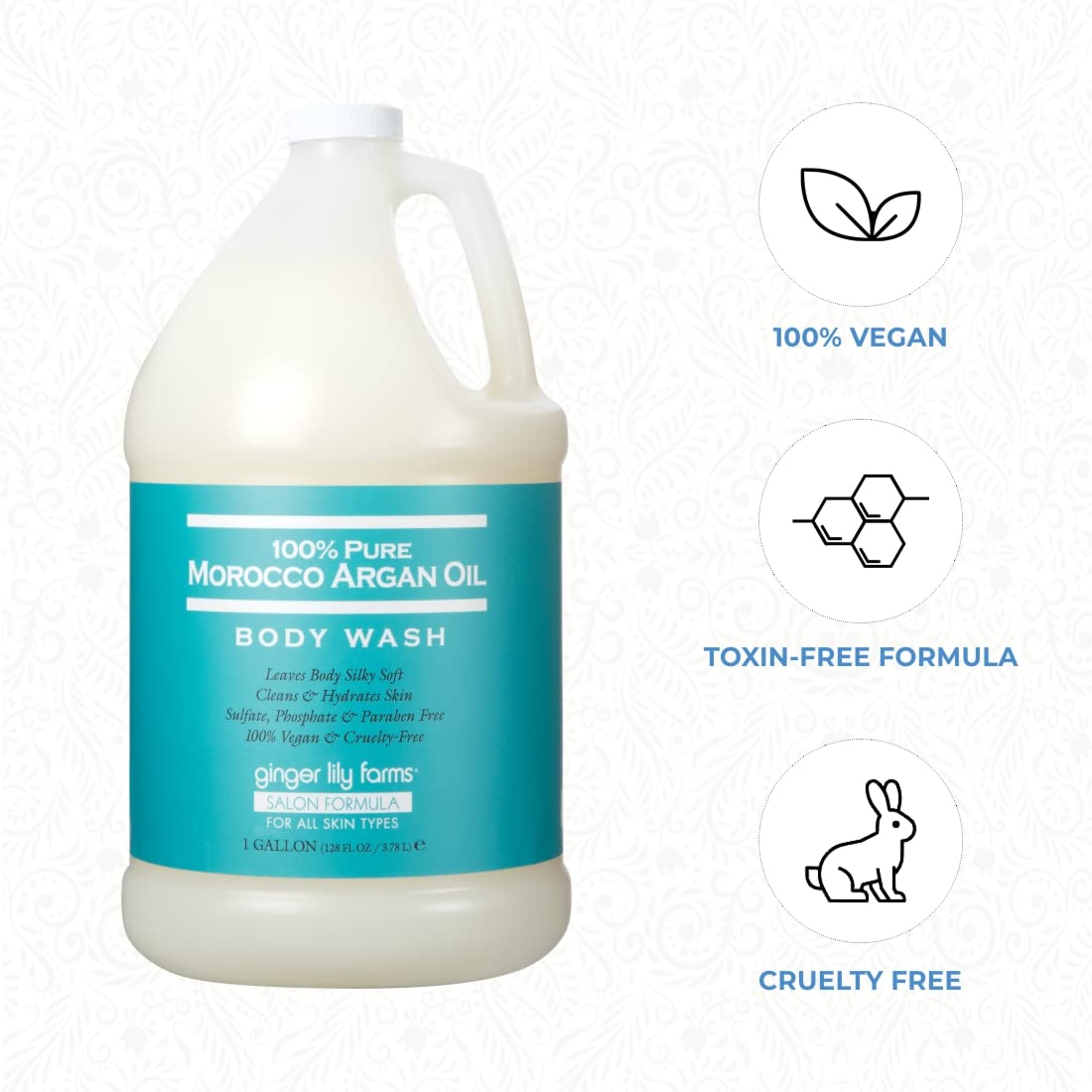 Ginger Lily Farms Salon Formula 100% Pure Morocco Argan Oil Body Wash for All Skin Types, 100% Vegan