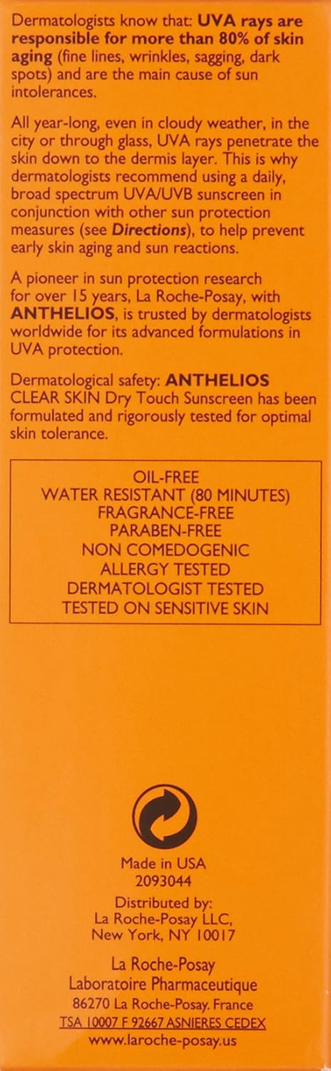 La Roche-Posay Anthelios Clear Skin Sunscreen Dry Touch SPF 60, Oil Free, For Face, Antioxidants