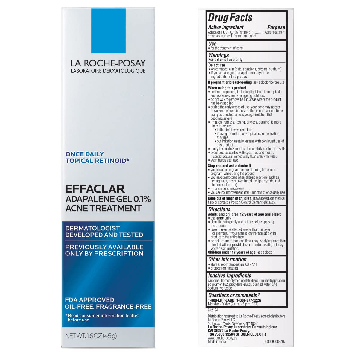 La Roche-Posay Effaclar Adapalene Gel 0.1% Acne Treatment, Retinoid Cream, Acne Medication Gel
