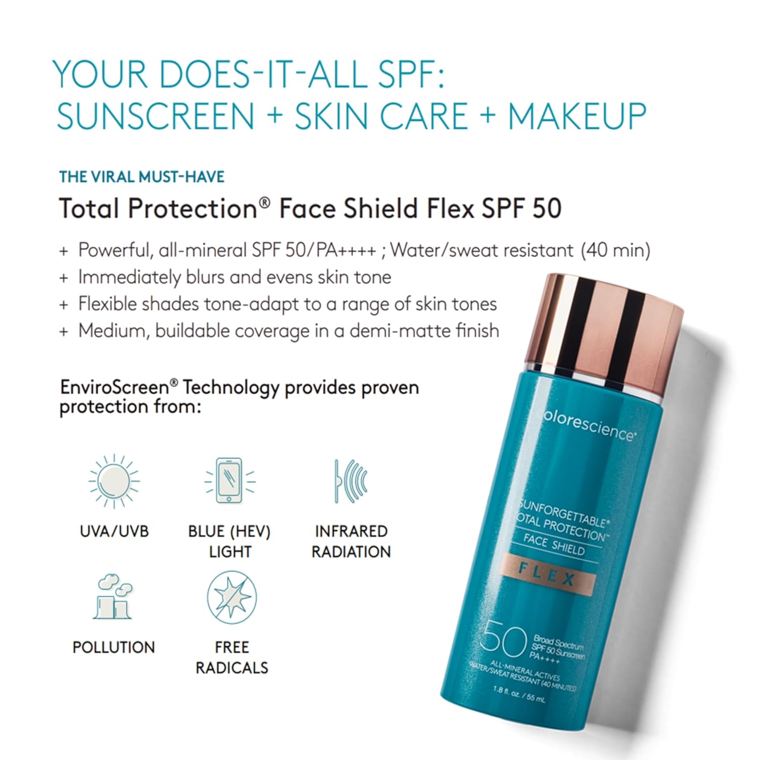 Colorescience Total Protection Face Shield Flex SPF 50, Zinc Oxide Formula, Fair, 1.8 fl. oz