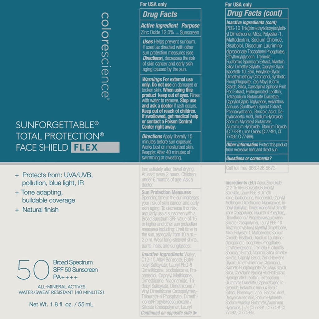 Colorescience 50 to 70 SPF Total Protection Face Shield Flex SPF 50, Zinc Oxide Formula, Tan, 1.8 oz