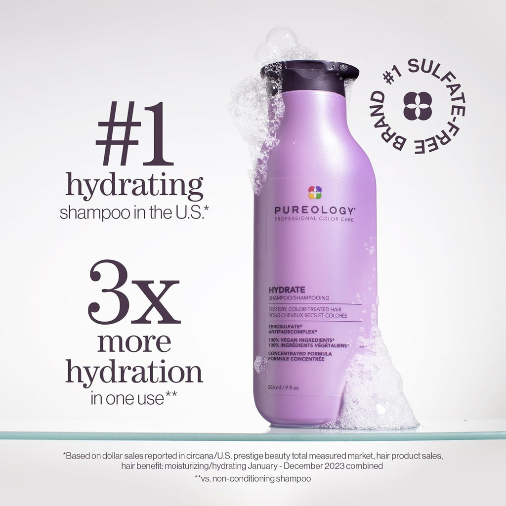 Pureology Hydrate Shampoo - For Dry or Color-Treated Hair, Intense Hydration & Softness, With Rose