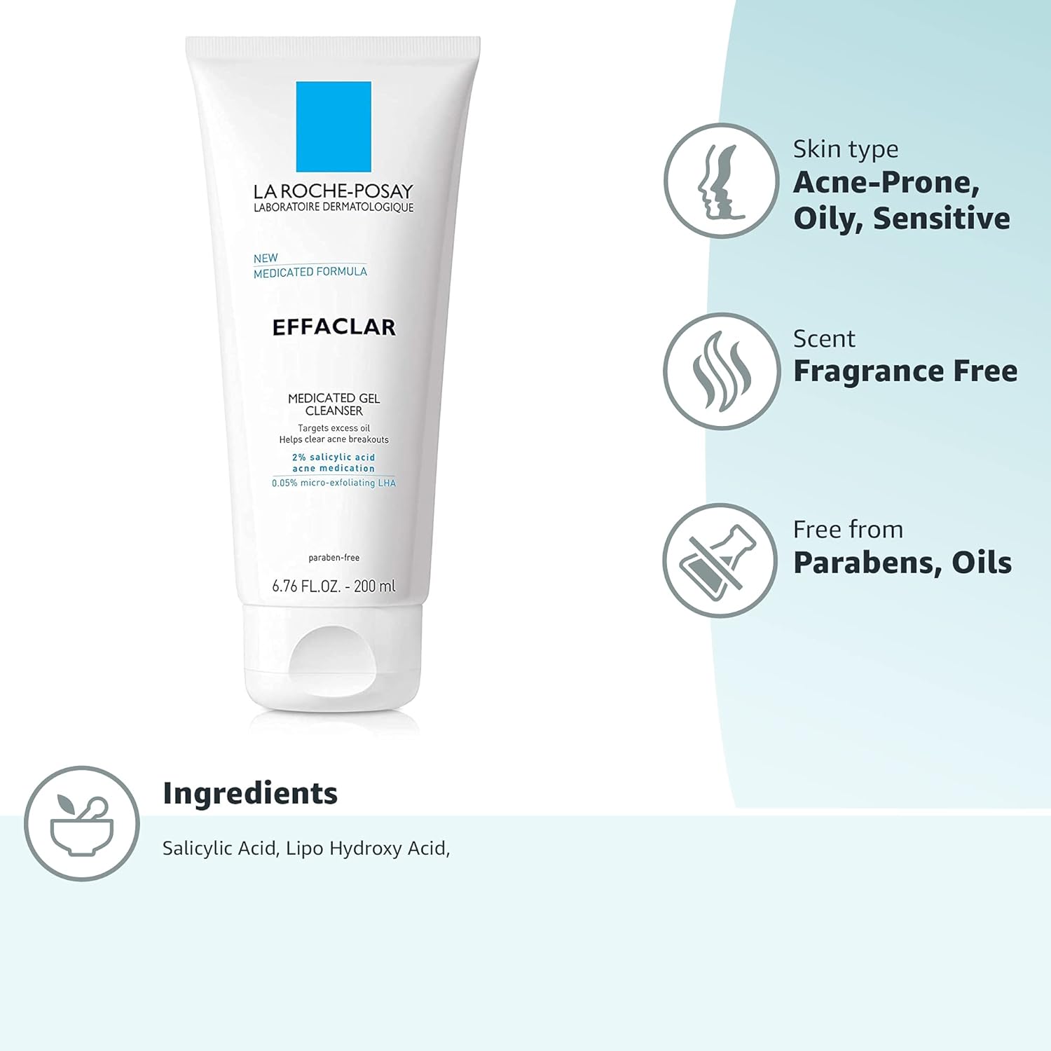 La Roche-Posay Effaclar Medicated Gel Cleanser, 2% Salicylic Acid Cleanser +LHA +Glycerin, Foaming