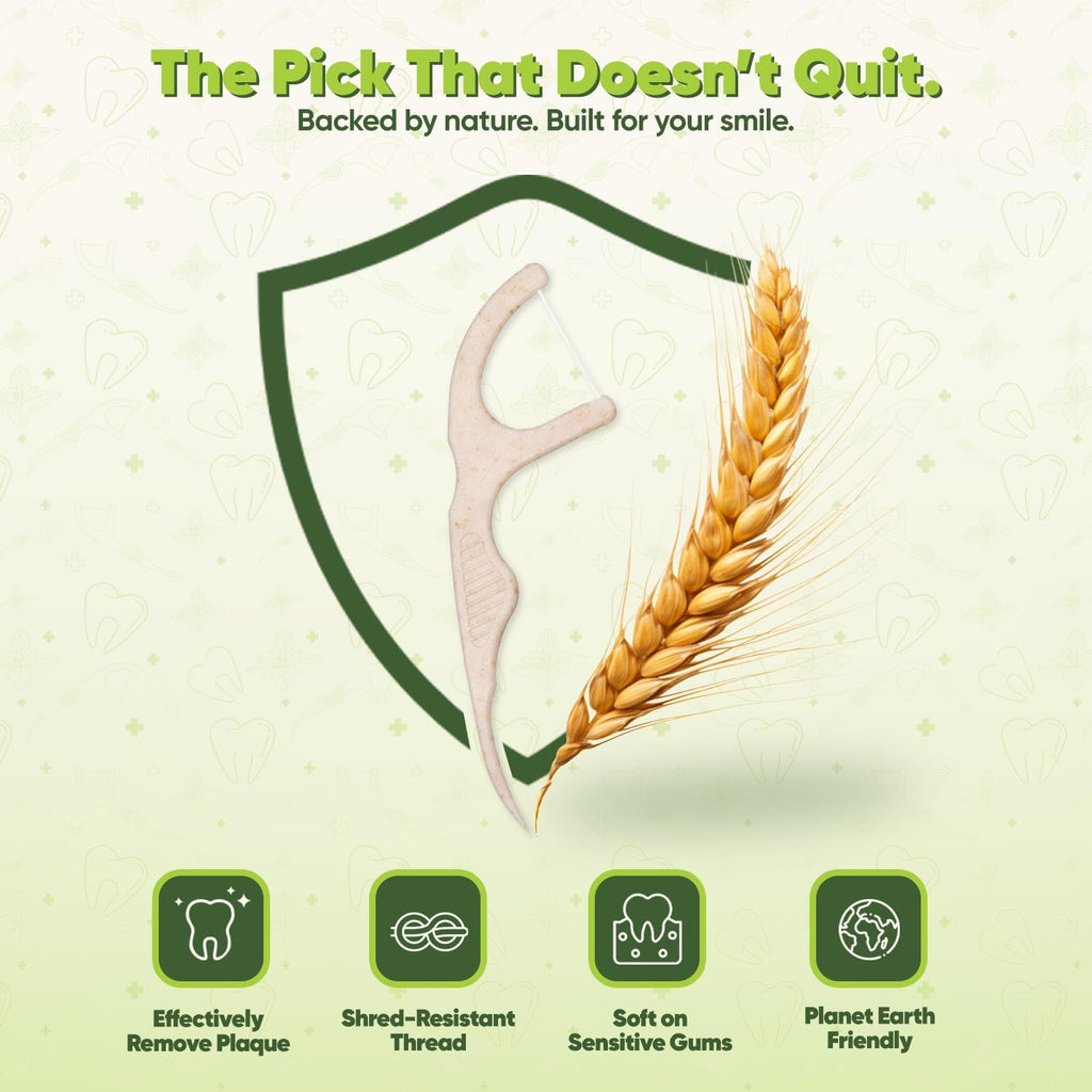 Biodegradable Floss Picks -Natural Straw Wheat Handle | Thin &Durable Thread for Tight Gaps | Gentle