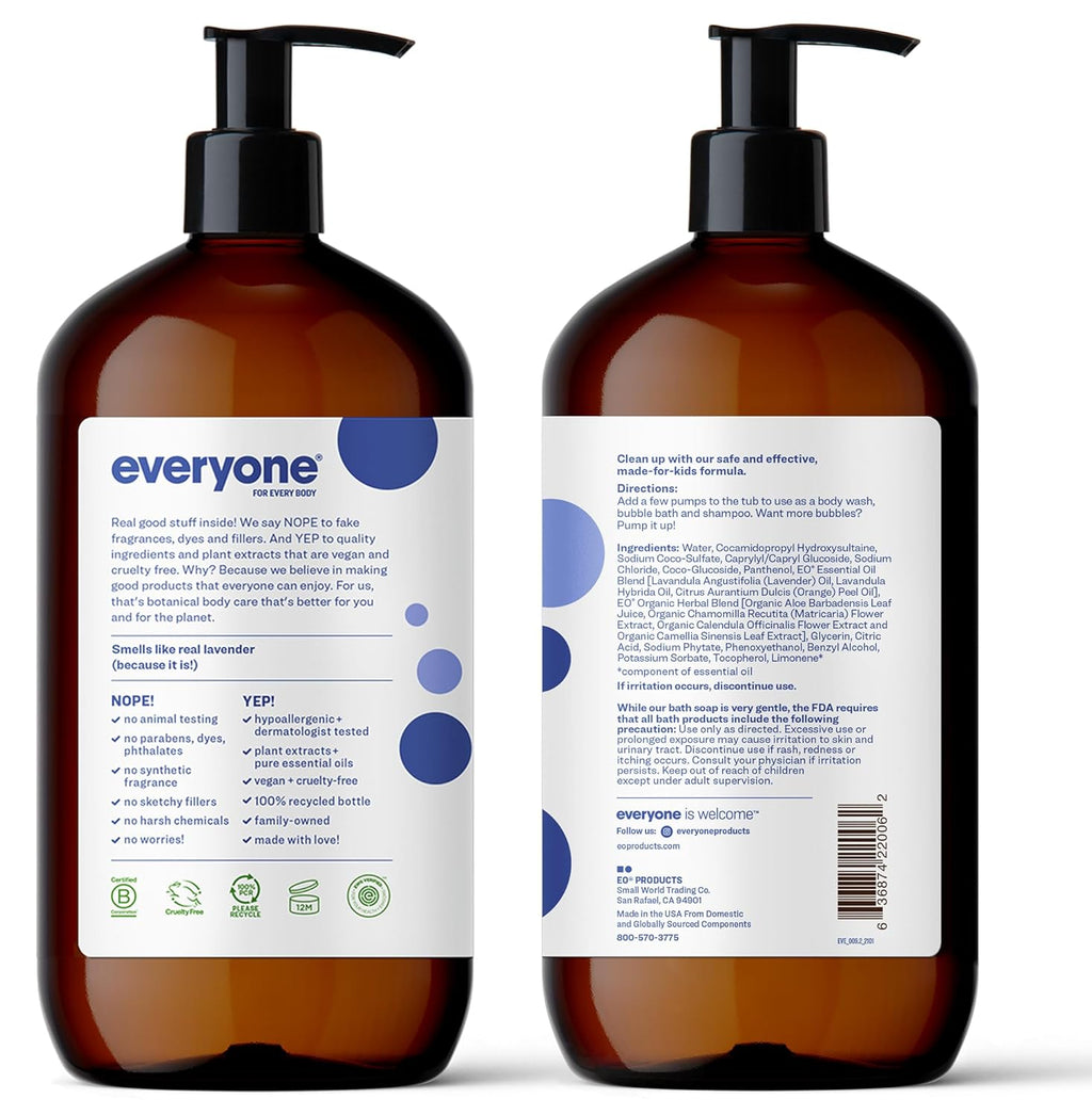 Everyone 3-in-1 Kids Soap, Body Wash, Bubble Bath, Shampoo, 32 Ounce (Pack of 2), Lavender Lullaby
