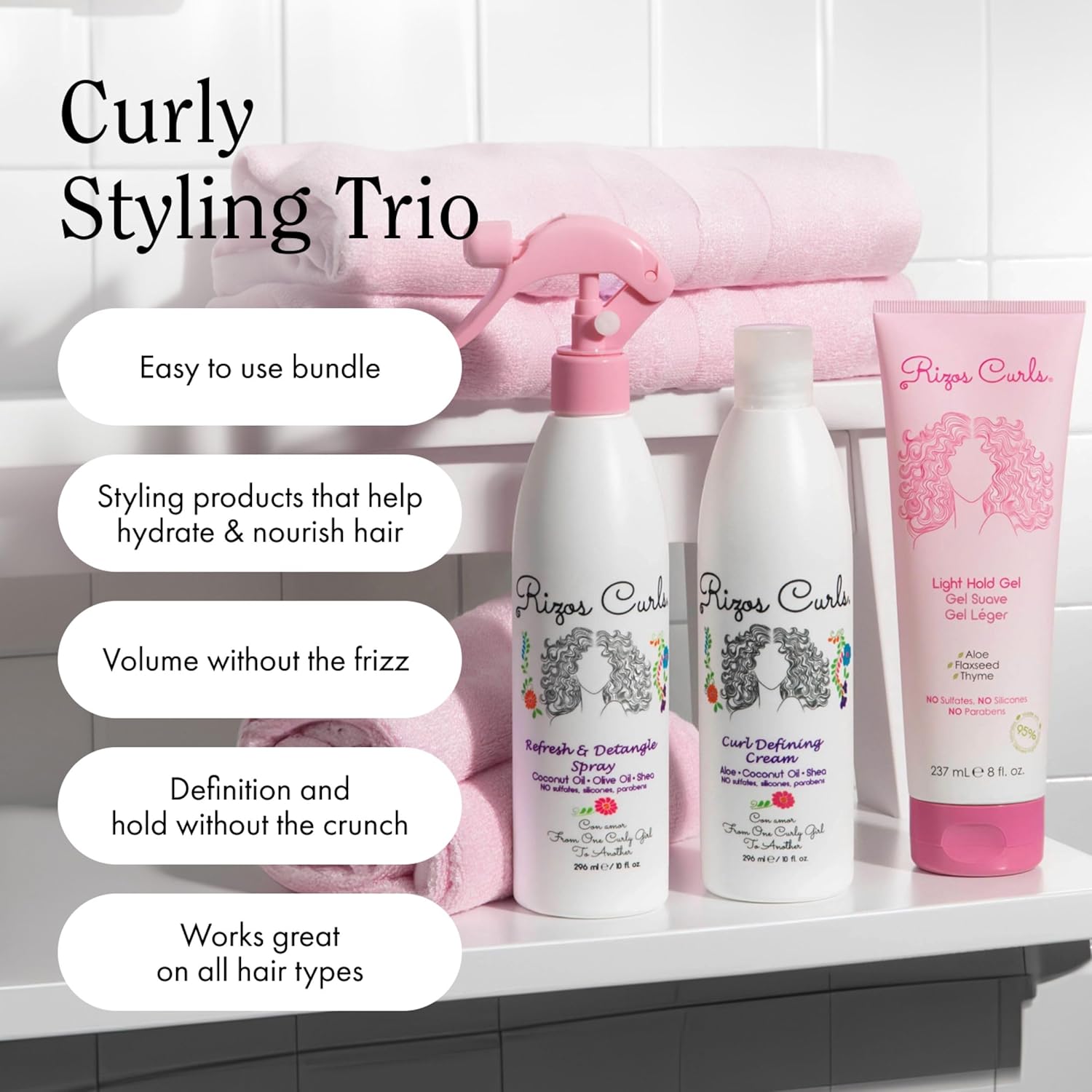 Rizos Curls 3-Step Styling Kit - Define with Curl Defining Cream, Light Hold Gel & Refresh Spray