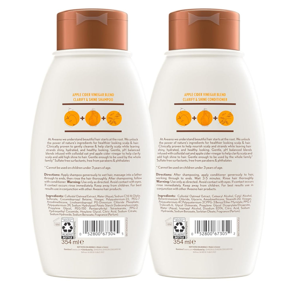 Aveeno Apple Cider Vinegar Shampoo +Conditioner for Balance &High Shine, Daily Clarifying &Soothing