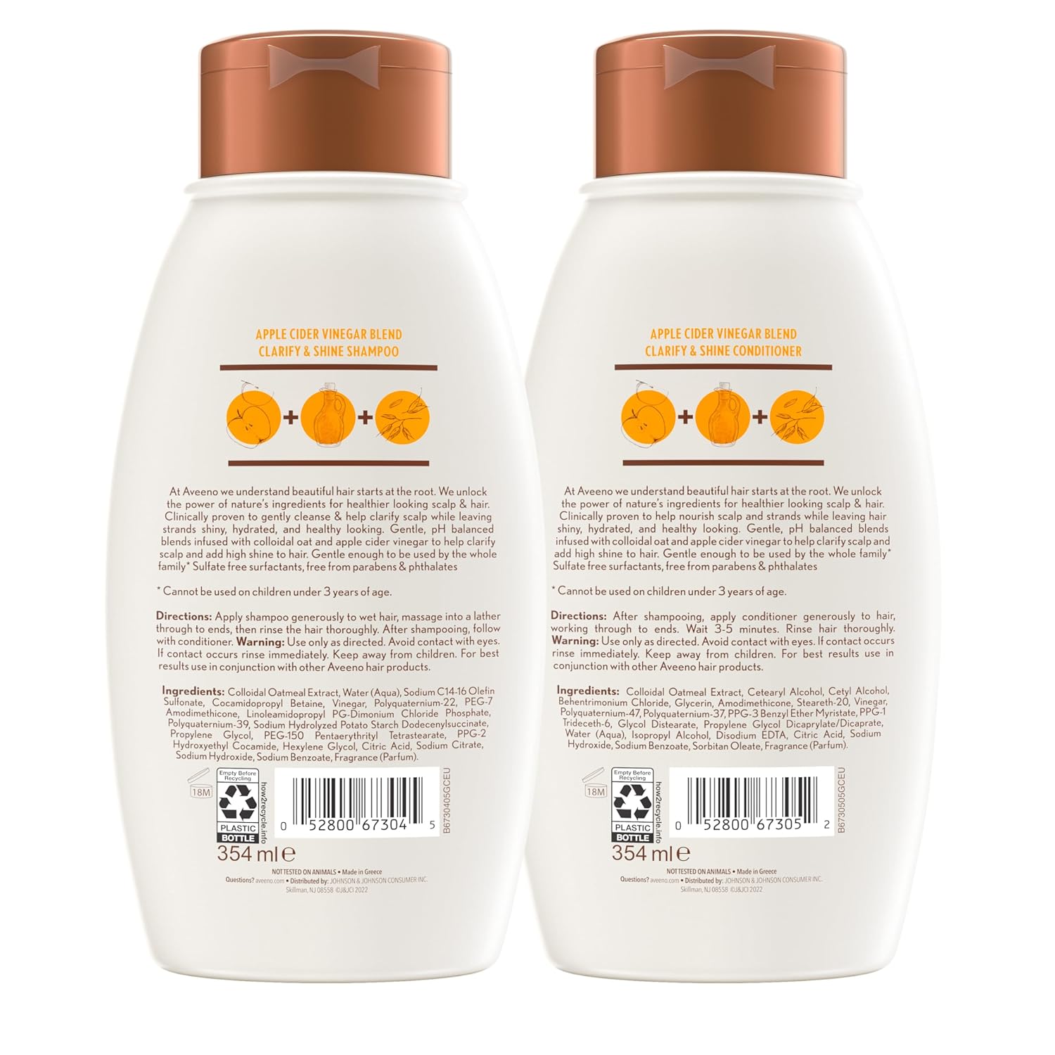 Aveeno Apple Cider Vinegar Shampoo +Conditioner for Balance &High Shine, Daily Clarifying &Soothing