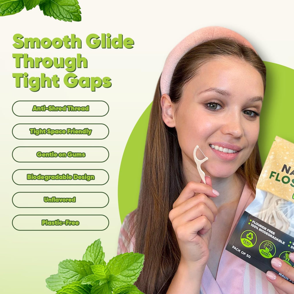Biodegradable Floss Picks -Natural Straw Wheat Handle | Thin &Durable Thread for Tight Gaps | Gentle