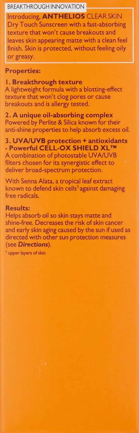 La Roche-Posay Anthelios Clear Skin Sunscreen Dry Touch SPF 60, Oil Free, For Face, Antioxidants