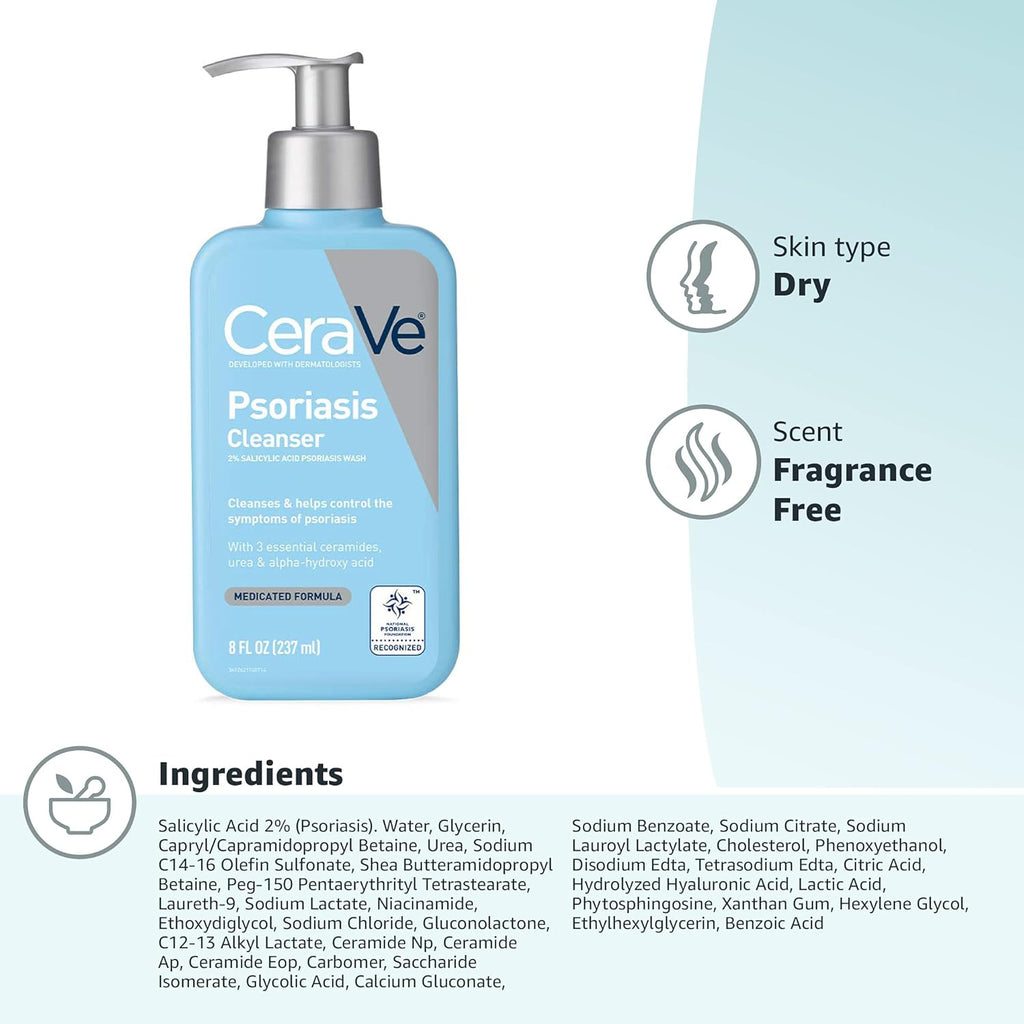 CeraVe Cleanser for Psoriasis Treatment, Salicylic Acid Dry Skin Itch Relief &Latic Acid Exfoliation