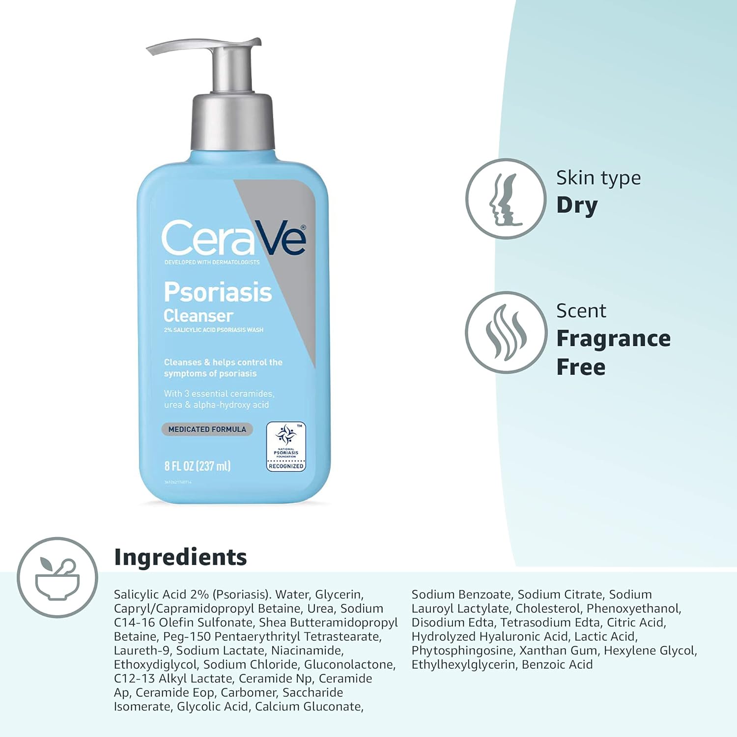 CeraVe Cleanser for Psoriasis Treatment, Salicylic Acid Dry Skin Itch Relief &Latic Acid Exfoliation