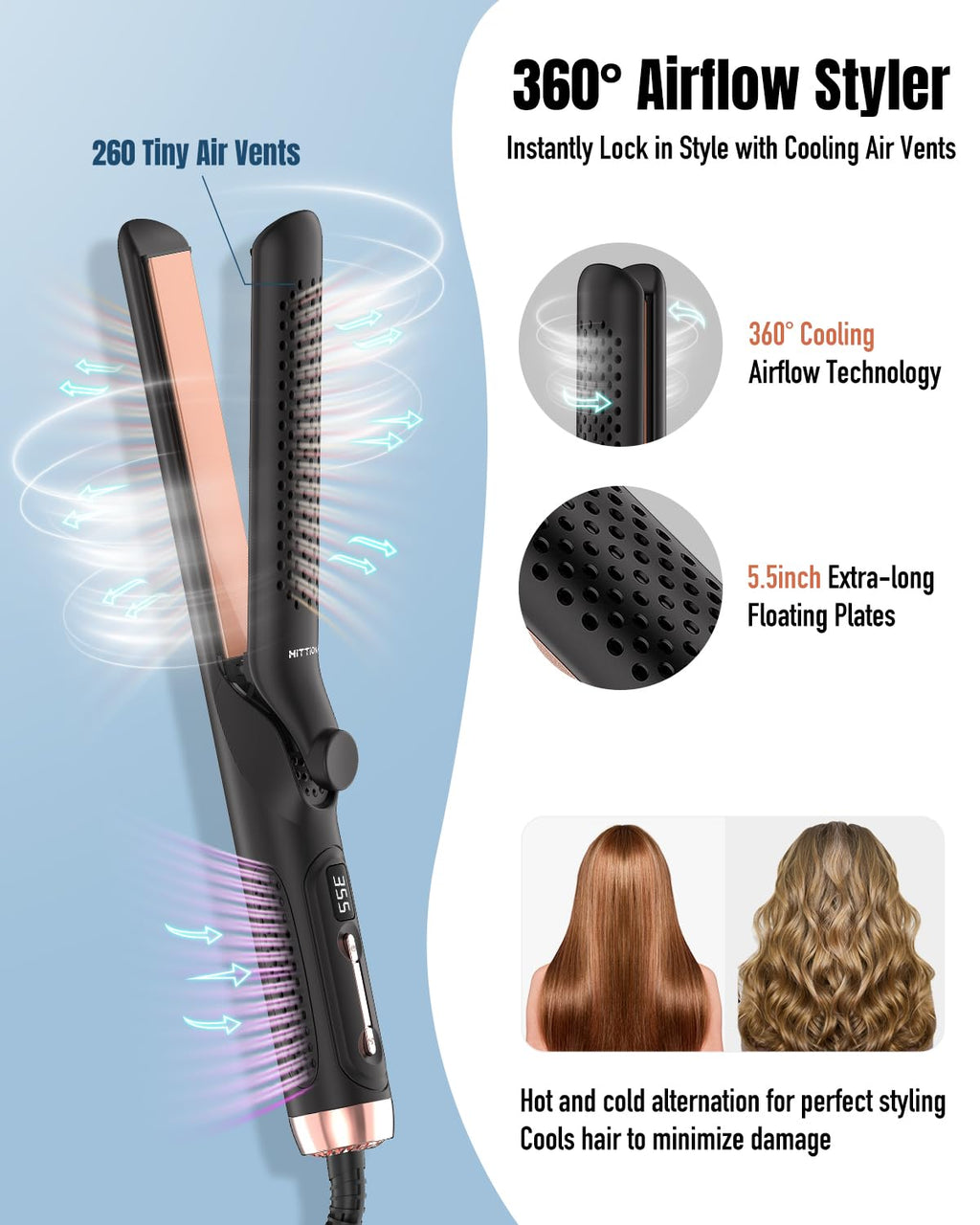 360° Airflow Styler Curling Iron - 1.25 In. Hair Straightener &Curler 2 in 1 with Vented Cool Air