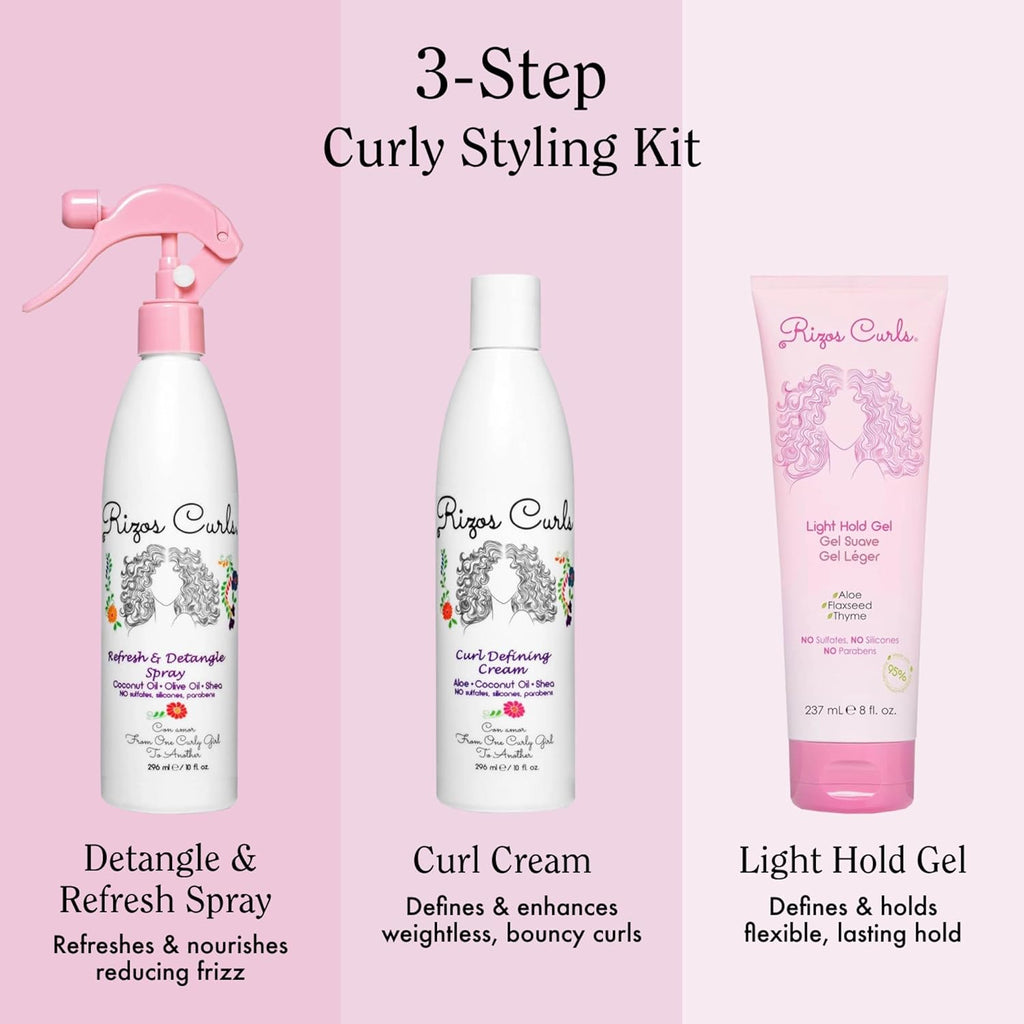 Rizos Curls 3-Step Styling Kit - Define with Curl Defining Cream, Light Hold Gel & Refresh Spray