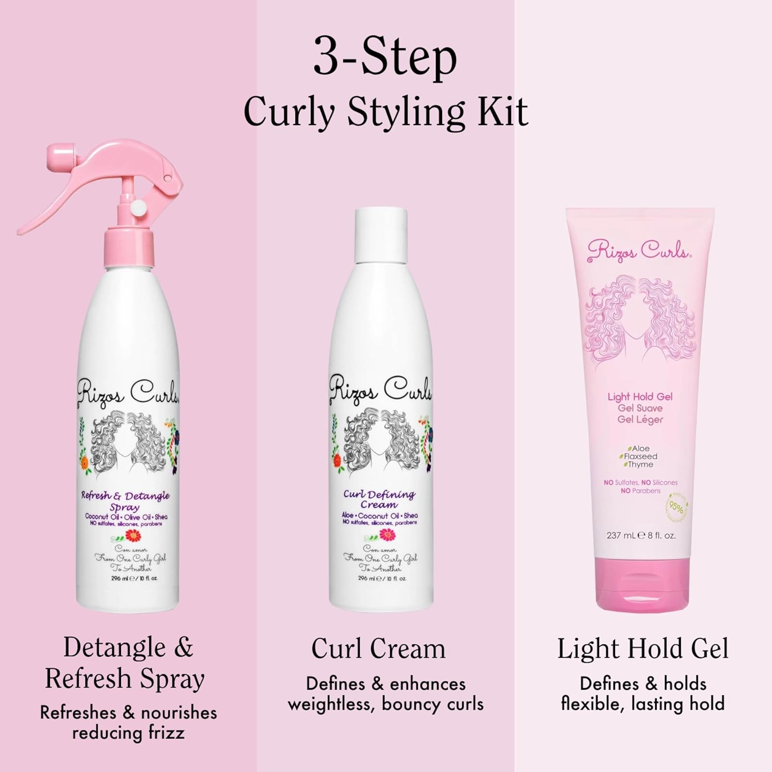 Rizos Curls 3-Step Styling Kit - Define with Curl Defining Cream, Light Hold Gel & Refresh Spray