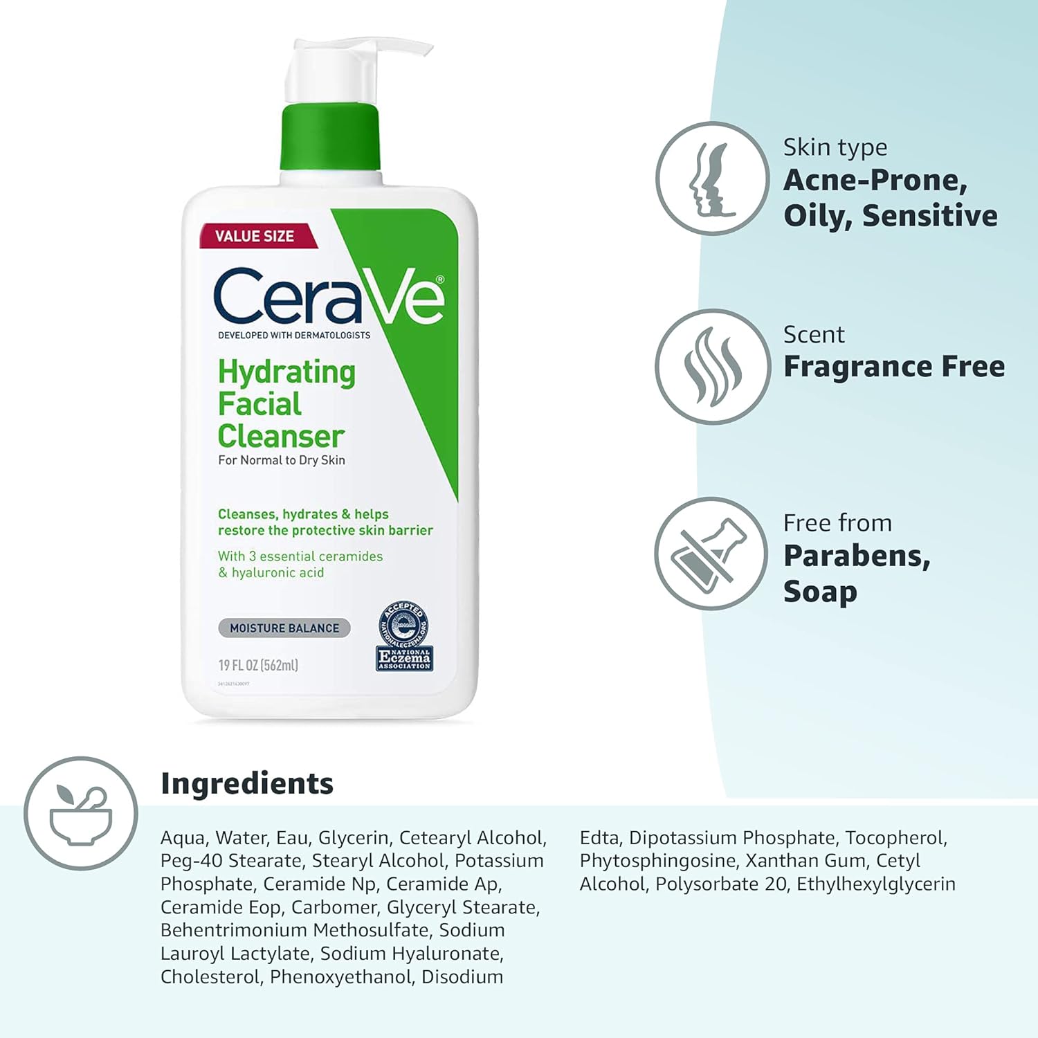 CeraVe Hydrating Facial Cleanser, Moisturizing Face Wash, Hyaluronic Acid + Ceramides + Glycerin