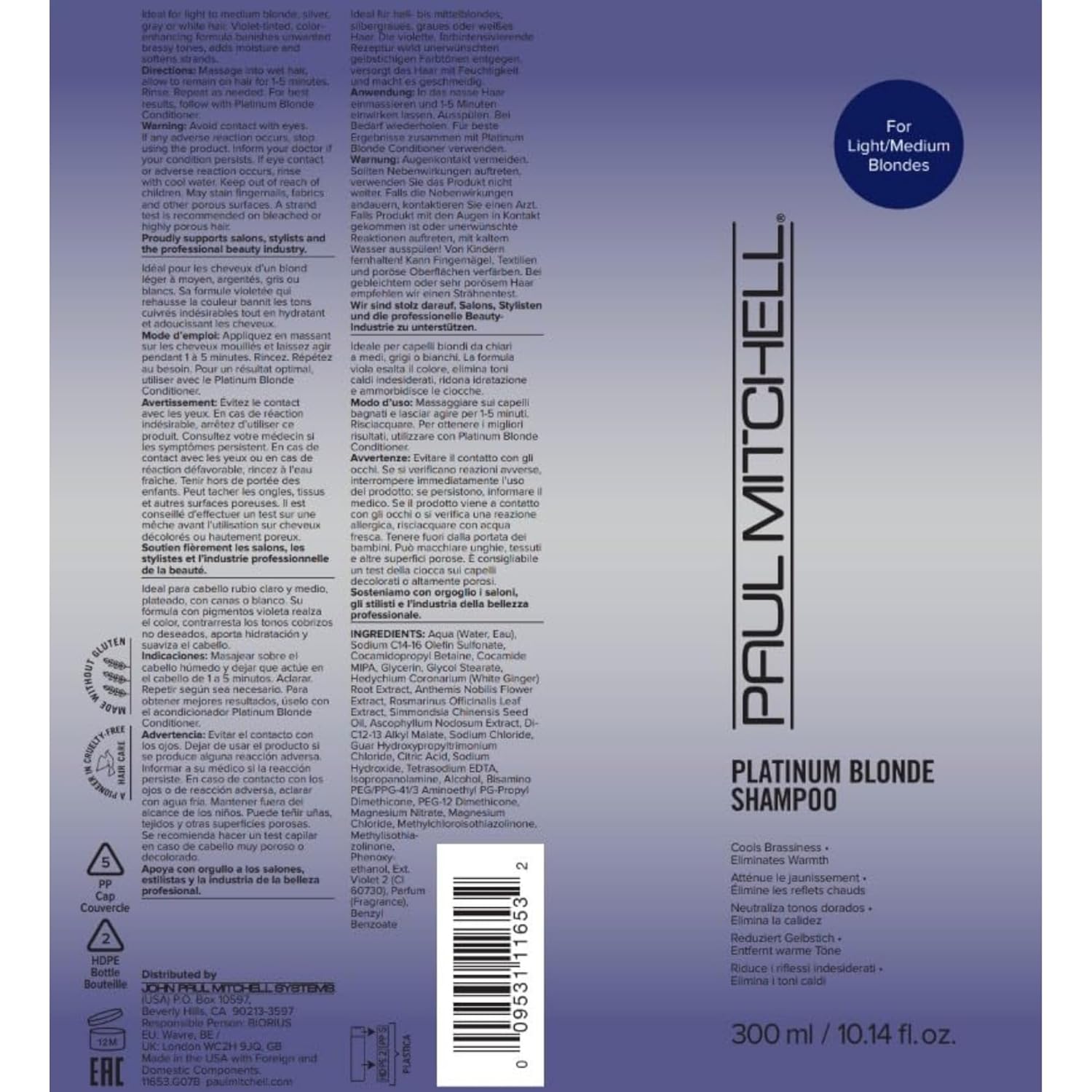 Paul Mitchell Platinum Blonde Violet Shampoo, Banishes Brass +Brightens, Blonde, Silver, Gray, White