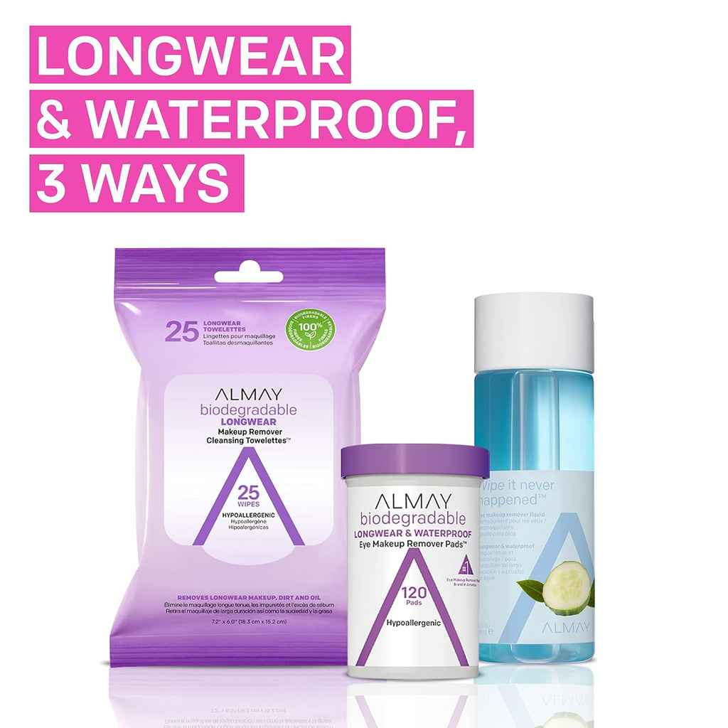 Almay Biodegradable Makeup Remover Pads, Longwear & Waterproof, Hypoallergenic, Fragrance-Free, 2 pk