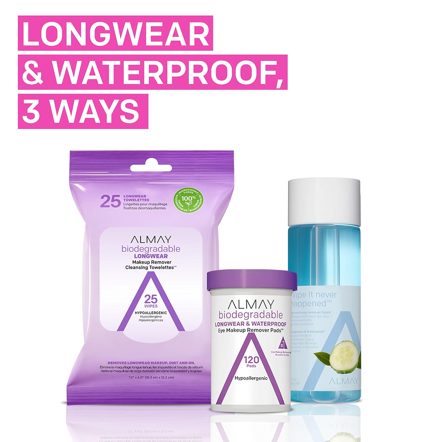 Almay Biodegradable Makeup Remover Pads, Longwear & Waterproof, Hypoallergenic, Fragrance-Free, 2 pk