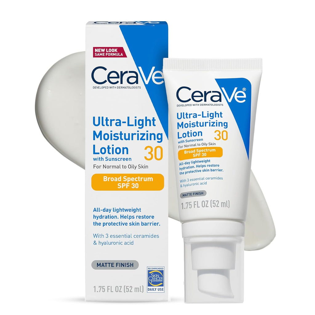 CeraVe Ultra-Light Moisturizing Lotion With SPF30, Daily for Face, Hyaluronic Acid &Ceramides, Matte