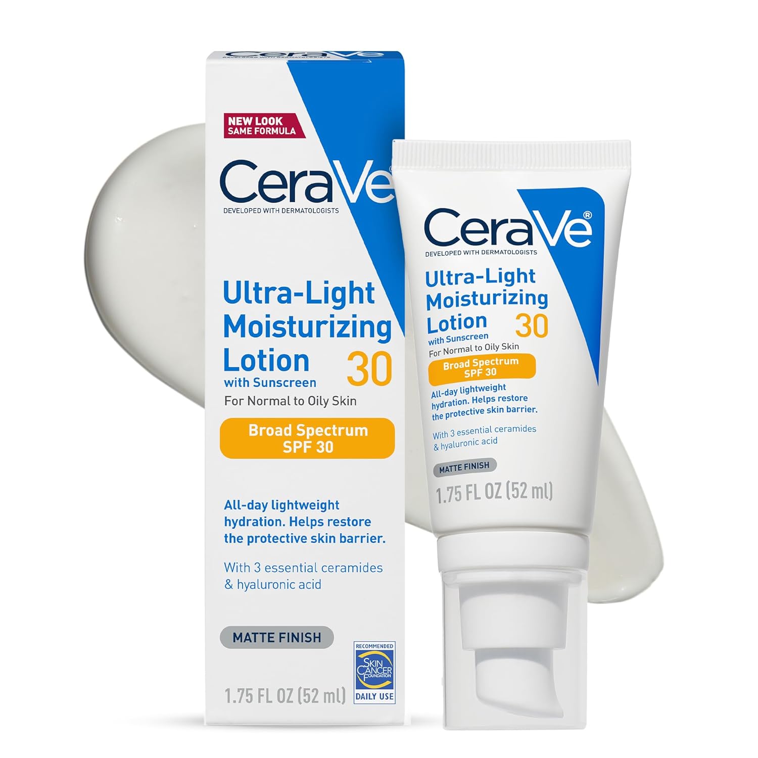 CeraVe Ultra-Light Moisturizing Lotion With SPF30, Daily for Face, Hyaluronic Acid &Ceramides, Matte
