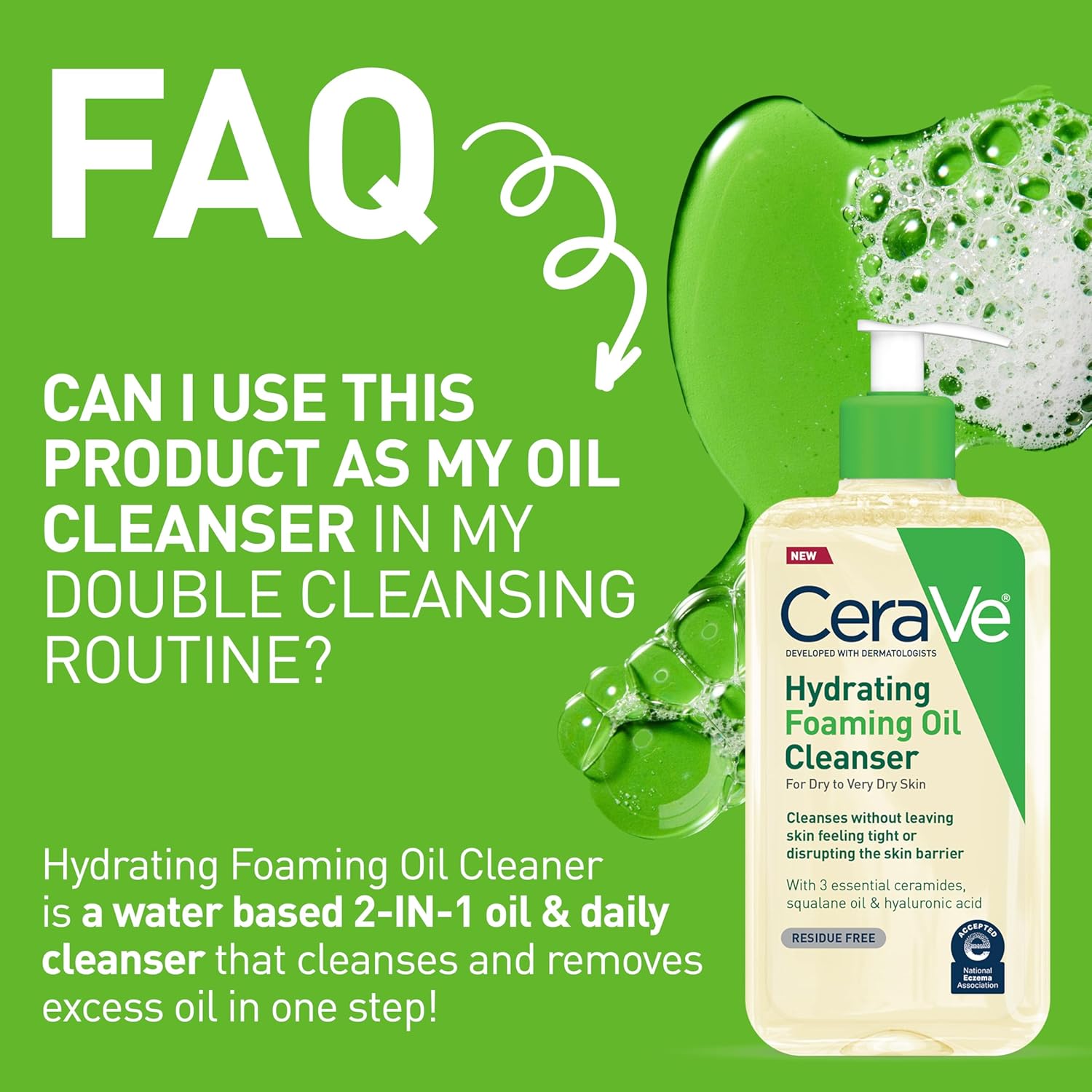 CeraVe Hydrating Foaming Oil Cleanser, Moisturizing for Face & Body, Squalane Oil + Hyaluronic Acid