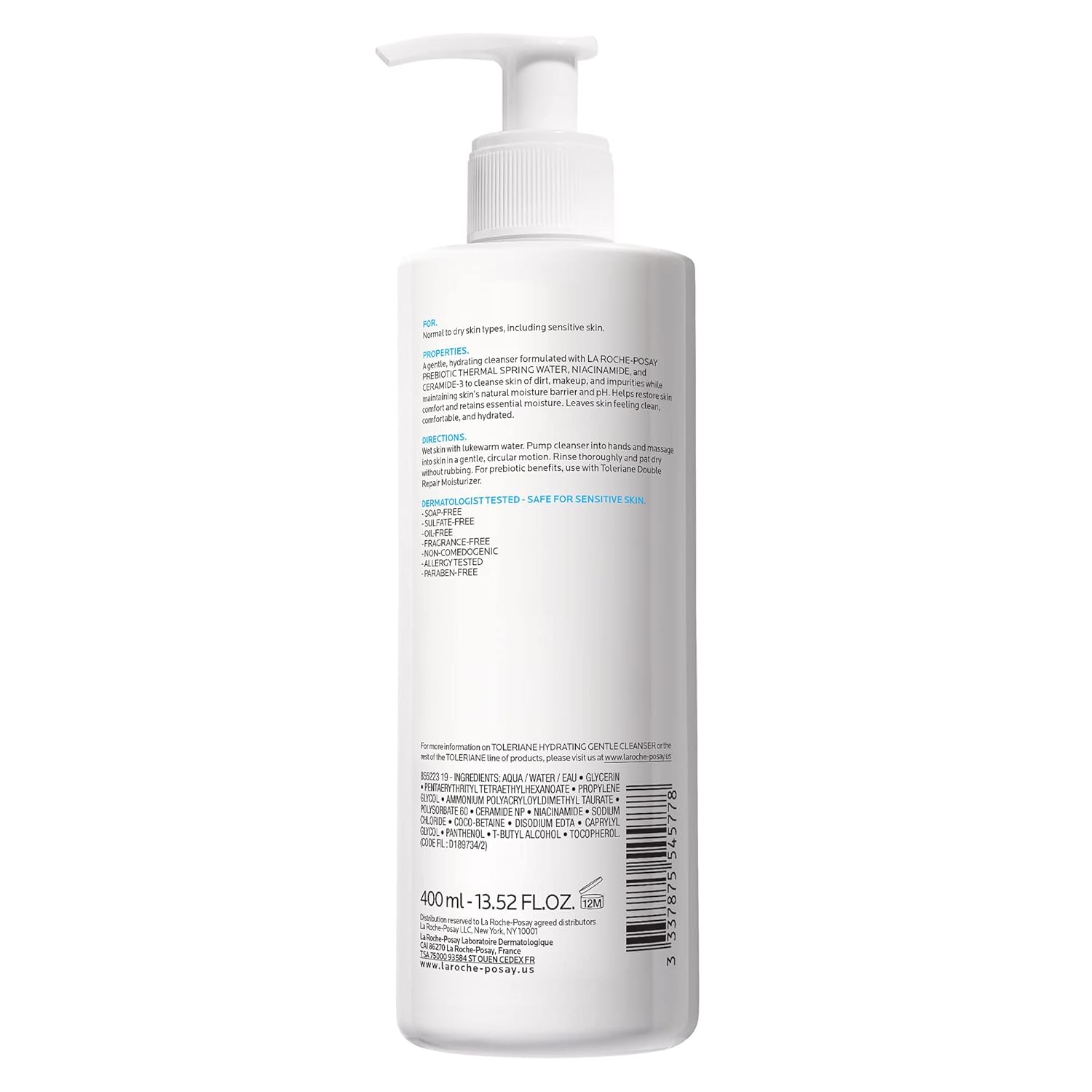 La Roche-Posay Toleriane Hydrating Gentle Facial Cleanser, Daily with Niacinamide and Ceramides