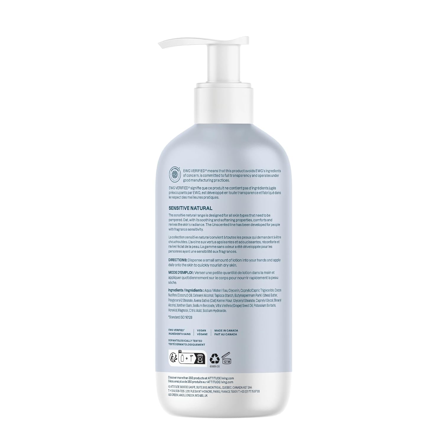 ATTITUDE Body Lotion for Sensitive Skin with Oat, EWG Verified, Dermatologically Tested, Vegan