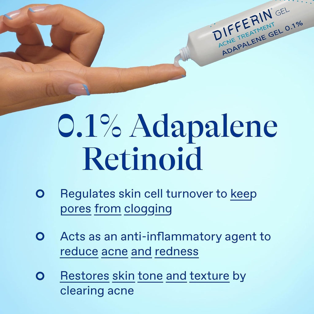 Differin Acne Treatment Gel, 60 Day Supply, Retinoid Treatment for Face with 0.1% Adapalene, Gentle