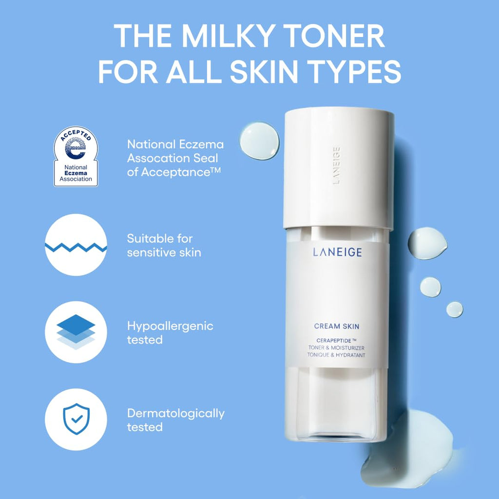 LANEIGE Cream Skin Toner & Moisturizer: Lightweight Korean Milky Toner with Ceramide & Peptide