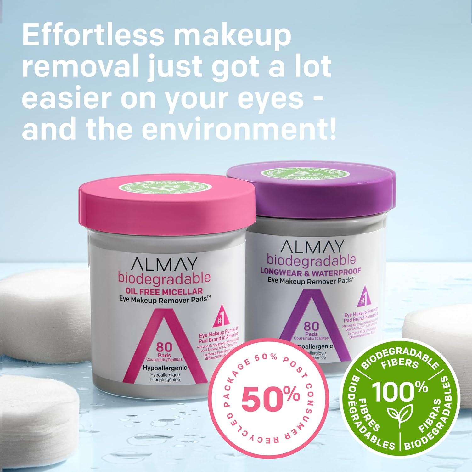 Almay Biodegradable Makeup Remover Pads, Longwear & Waterproof, Hypoallergenic, Fragrance-Free, 2 pk