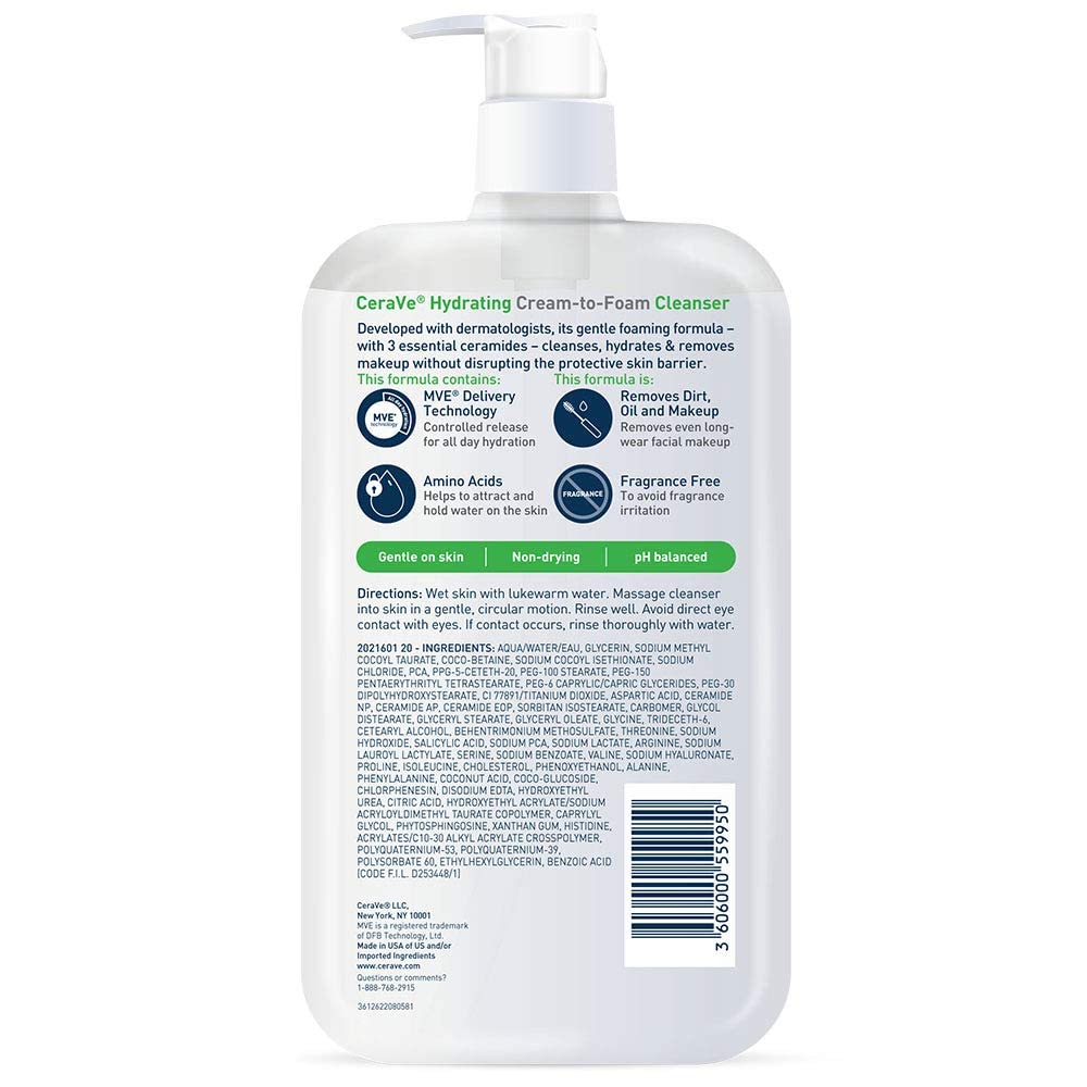 CeraVe Hydrating Cream To Foam Cleanser, Makeup Remover Face Wash For Dry Skin, Hyaluronic Acid