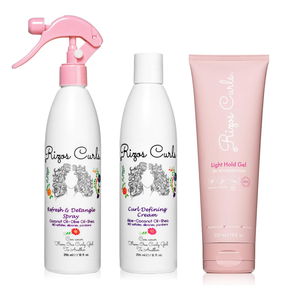 Rizos Curls 3-Step Styling Kit - Define with Curl Defining Cream, Light Hold Gel & Refresh Spray