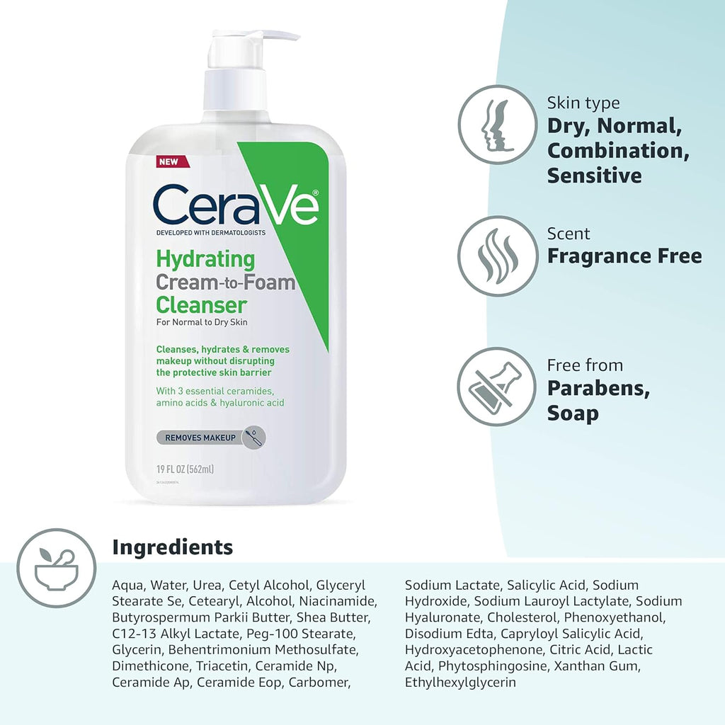 CeraVe Hydrating Cream To Foam Cleanser, Makeup Remover Face Wash For Dry Skin, Hyaluronic Acid