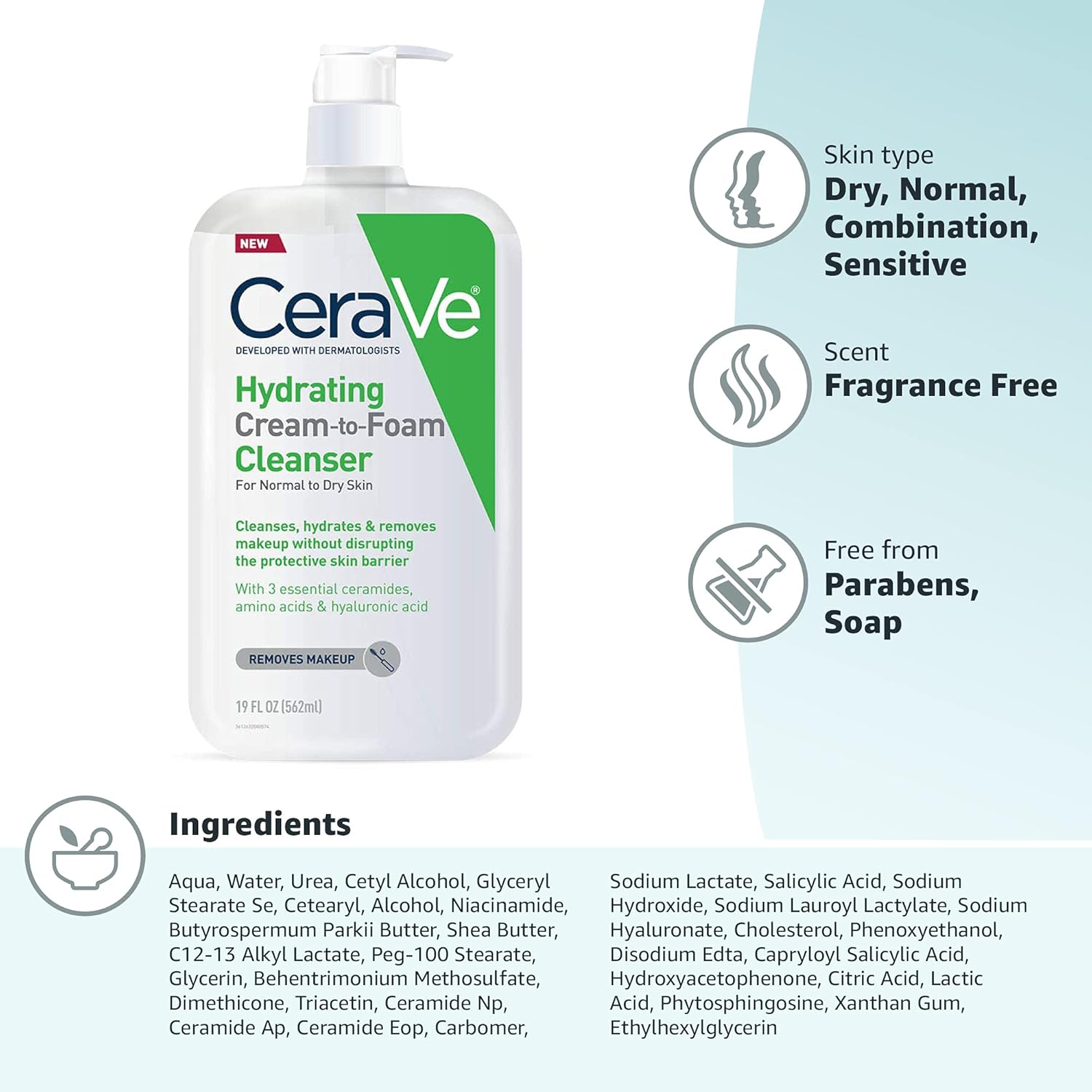 CeraVe Hydrating Cream To Foam Cleanser, Makeup Remover Face Wash For Dry Skin, Hyaluronic Acid