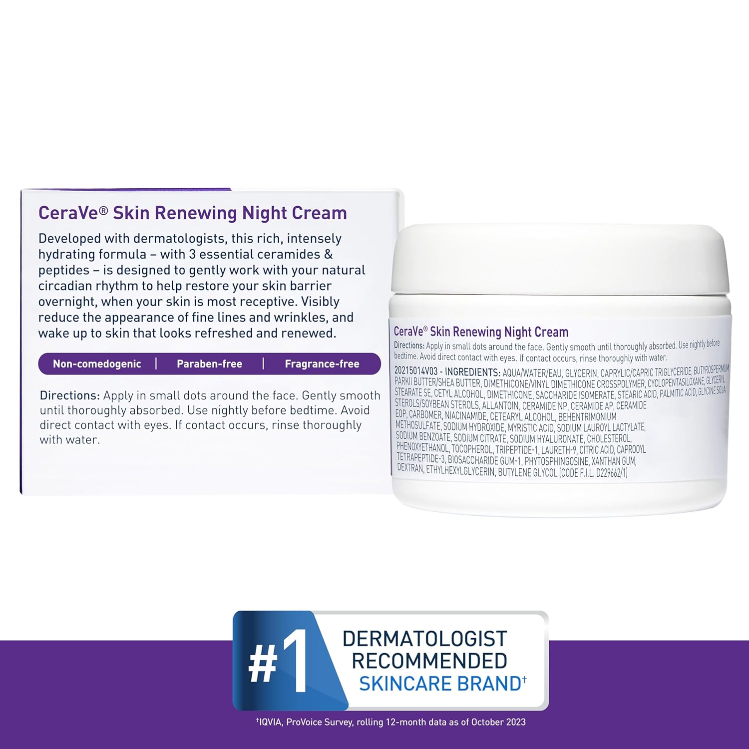 CeraVe Skin Renewing Night Cream, Niacinamide, Peptide Complex, and Hyaluronic Acid Moisturizer