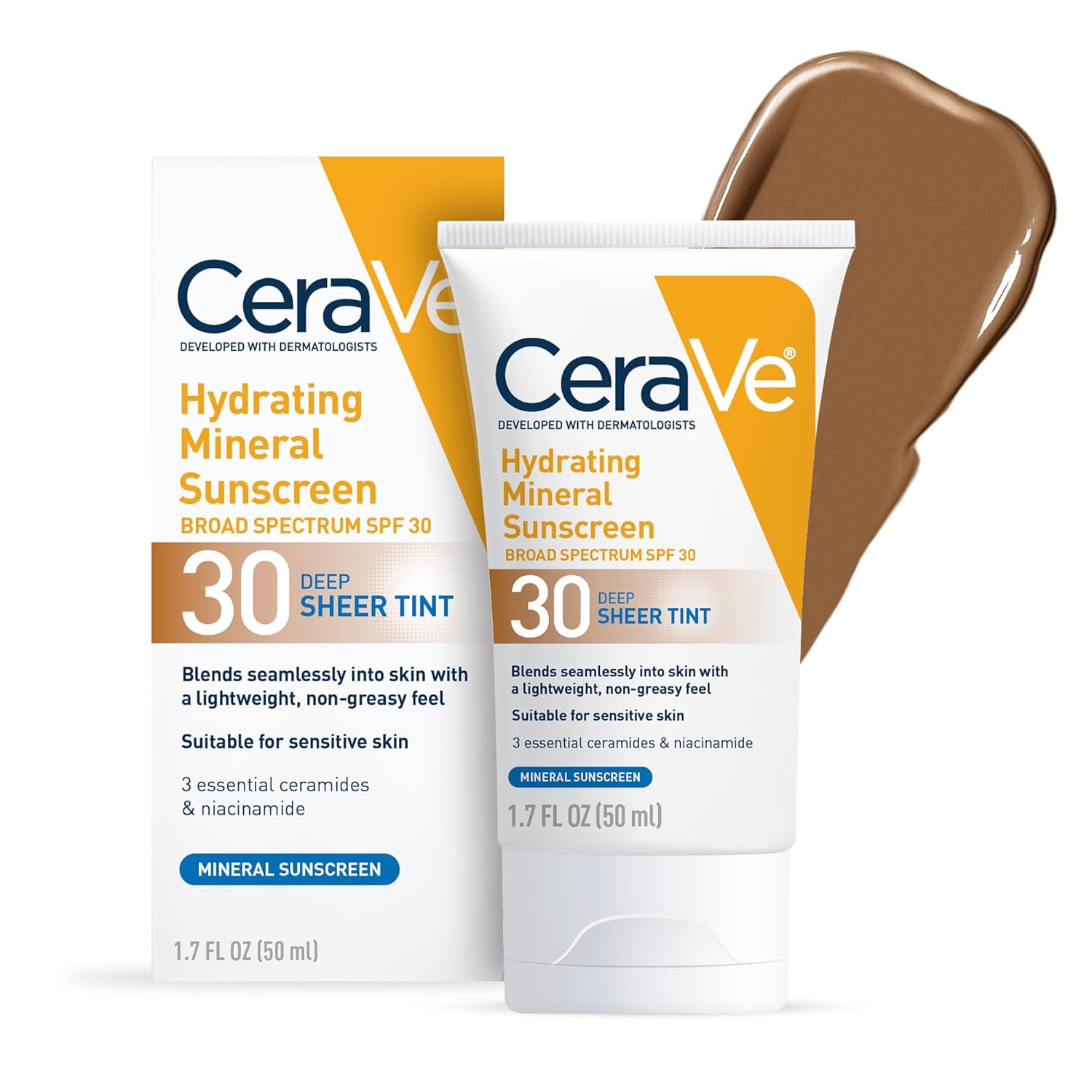 CeraVe Hydrating Mineral Sunscreen SPF30 with Sheer Tint, Tinted, Blends Seamlessly for Healthy Glow