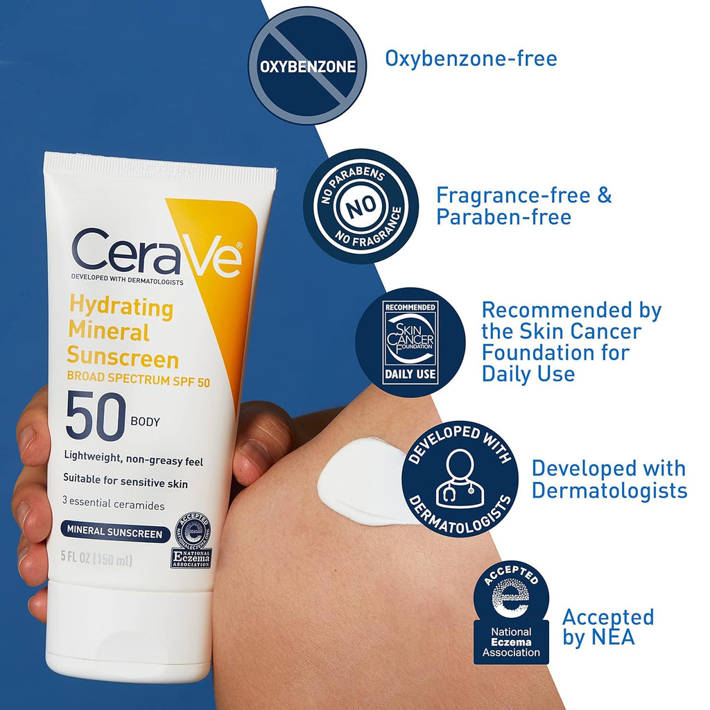 CeraVe 100% Mineral Sunscreen SPF 50 with Zinc Oxide & Titanium Dioxide, Hyaluronic Acid & Ceramides
