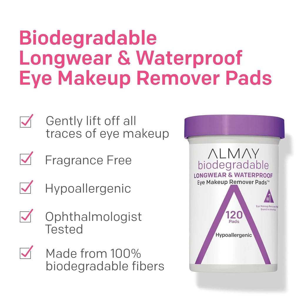 Almay Biodegradable Makeup Remover Pads, Longwear & Waterproof, Hypoallergenic, Fragrance-Free, 2 pk