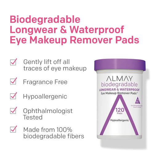 Almay Biodegradable Makeup Remover Pads, Longwear & Waterproof, Hypoallergenic, Fragrance-Free, 2 pk