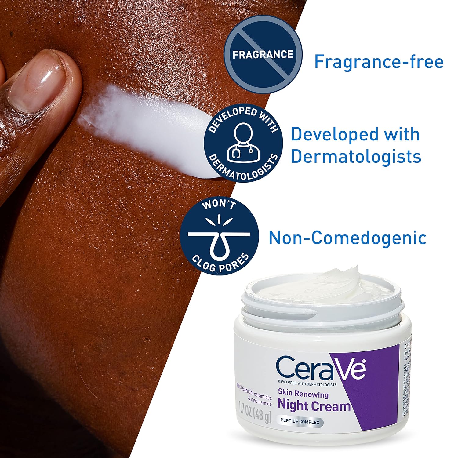 CeraVe Skin Renewing Night Cream, Niacinamide, Peptide Complex, and Hyaluronic Acid Moisturizer